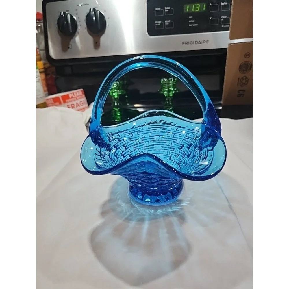 Fenton Style~ Basketweave Basket~ Ruffled~Crimped~Blue Glass~Trinket~Candy Dish